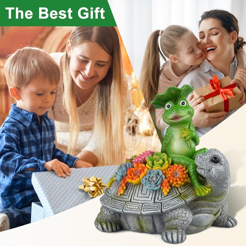 ILLUMINEW Solar Garden Outdoor Statues Turtle& Frog with Succulent and 8 LED Lights, Turtle Carrying Lotus Leaf Frog Figurines, Lawn Decorations for Patio Yard Gifts for Mom Grandma Housewarming - Image 5